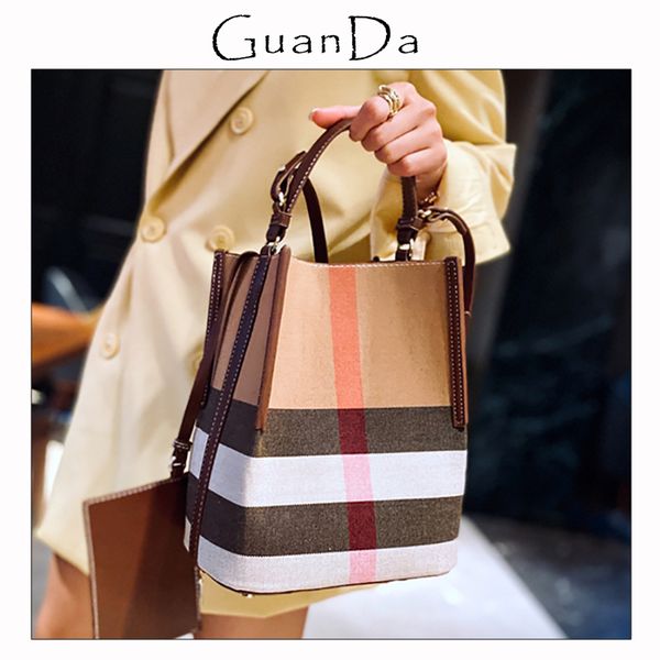 

plaid canvas leather female handbag luxury large capacity women bucket shopper causal small handle crossbody tote bag set