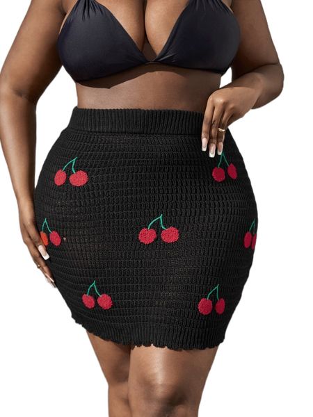 

plus cherry print cover up skirt d4nn#, Black