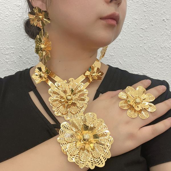 

hbpdubai women gold color jewelry set african large flower shaped necklace earrings bracelet ring set for wedding party gift 220816, Silver