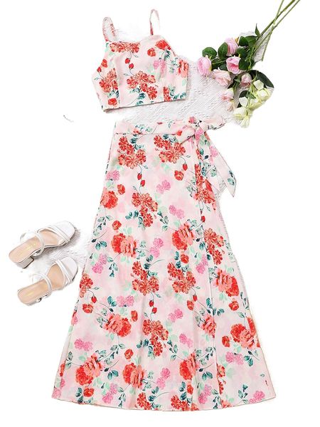 

floral print cami & wrap skirt set h9wa#, White