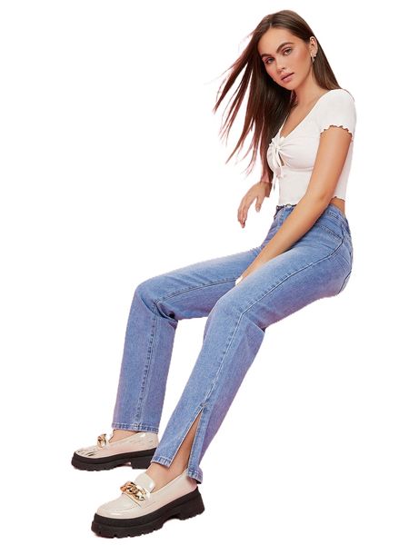 

high waist split hem jeans n3ly#, Blue