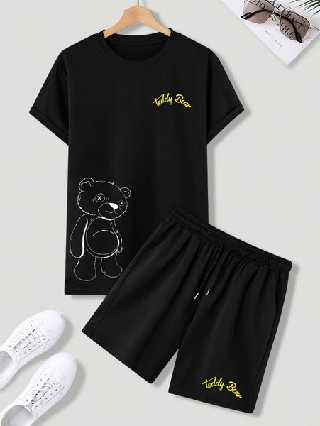 

men random bear & letter graphic tee & drawstring waist shorts c5nu#, Gray