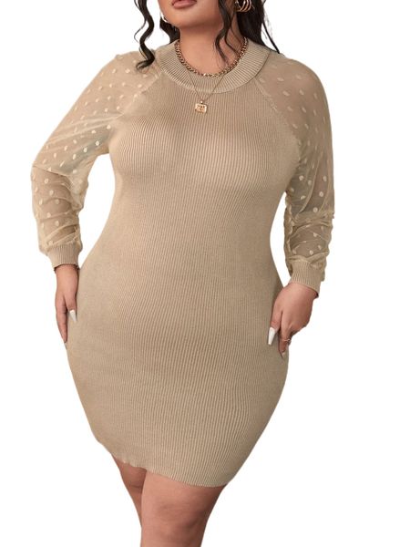 

plus contrast dobby mesh lantern sleeve sweater dress 87an#, Black