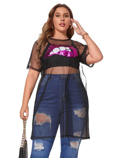 

plus lip sequin sheer mesh without camisole v6x5#, Black
