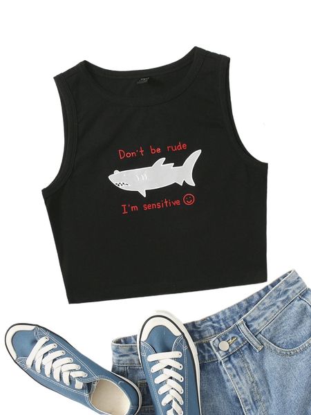 

x everydayfish slogan & shark graphic crop tank c7nh#, White