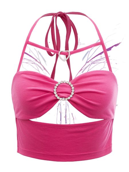 

rhinestone heart buckled cut out tie backless halter b6pb#, White