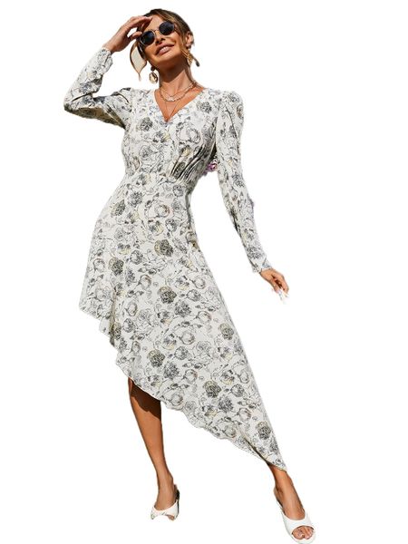 

floral print gigot sleeve asymmetrical hem dress t6iy#, Black;gray