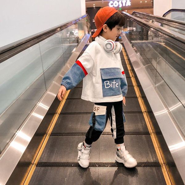 

clothing sets boy suit 2022 spring and autumn foreign style korean version of cuhk children's long sleeve leisure sports jeans two-, White
