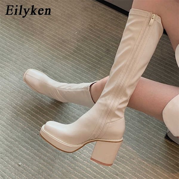 

eilyken knee high boots women square heel casual winter long boot shoes ladies round toe zip fashion cool knight bootties 210911, Black