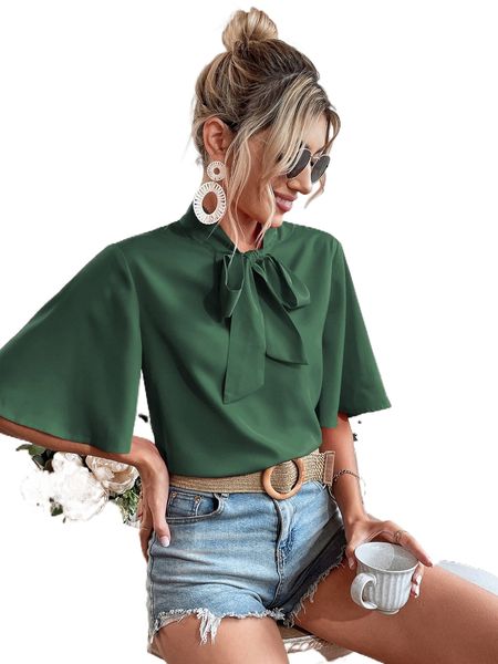 

tie neck flounce sleeve blouse b2wz#, White