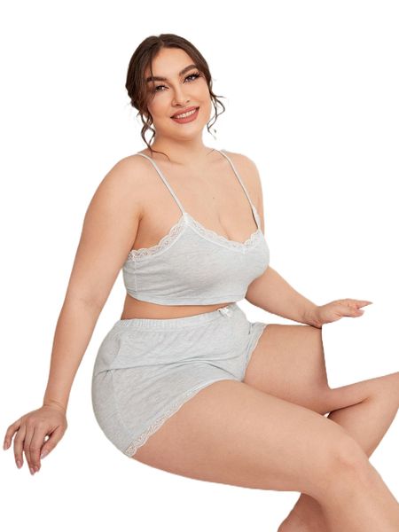 

plus lace trim cami & shorts pj set 422x#, Black;white