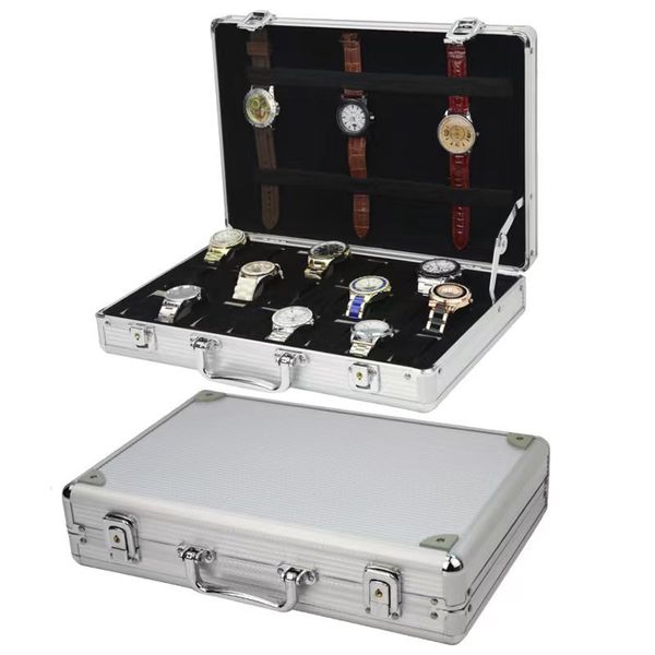

watch boxes cases 6/10/12/24 girds luxury premium quality watch box aluminum alloy produc pattern storage clock box collection display gift, Black;blue