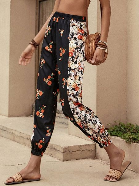 

floral print elastic waist pants a7py#, Black;white