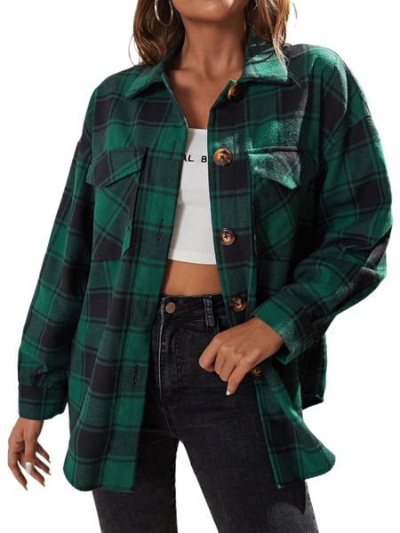 

plaid print pocket drop shoulder shirt 76wg#, White