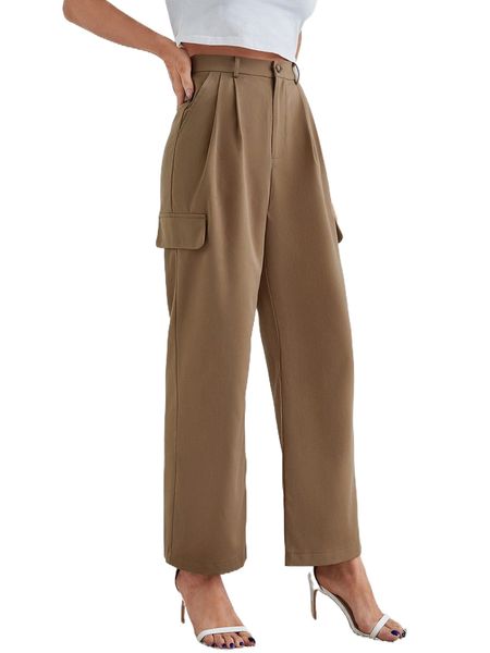 

flap detail slant pockets wide leg pants 76r4#, Black;white