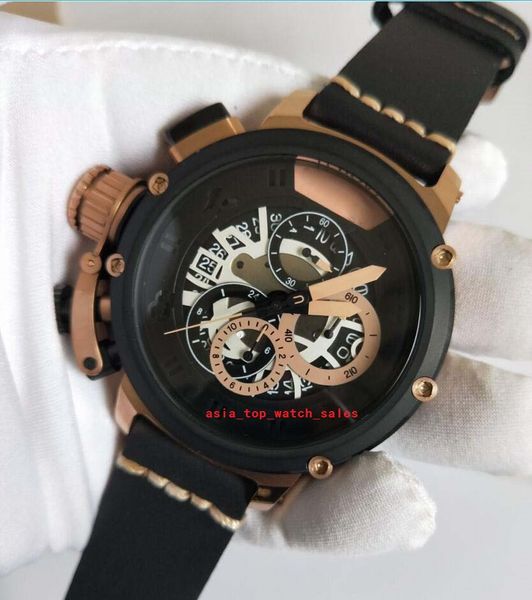 

elling classic 2 styles u-51 men wristwatches 48 mm dial vk quartz chronograph chimera auto date rose gold case leather strap mens watches, Slivery;brown