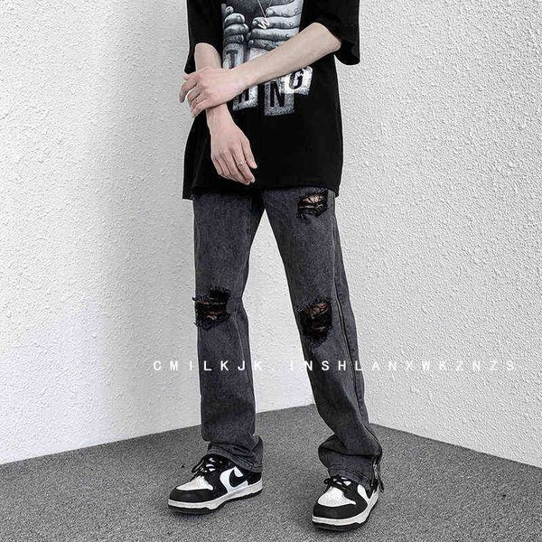

black gray ripped jeans men slim fashion casual straight jeans men streetwear hip hop hole denim pants mens trousers -2xl t220726, Blue