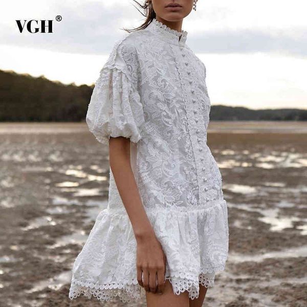 

elegant patchwork lace womens dress o turtleneck puff sleeve high waist white dresses female fashion clothing fall 210507, Black;gray