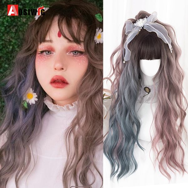 

costume accessories synthetic lolita wig for women long wavy hair with bangs blue pink blonde cosplay anime halloween wigs natural fake hair, Silver