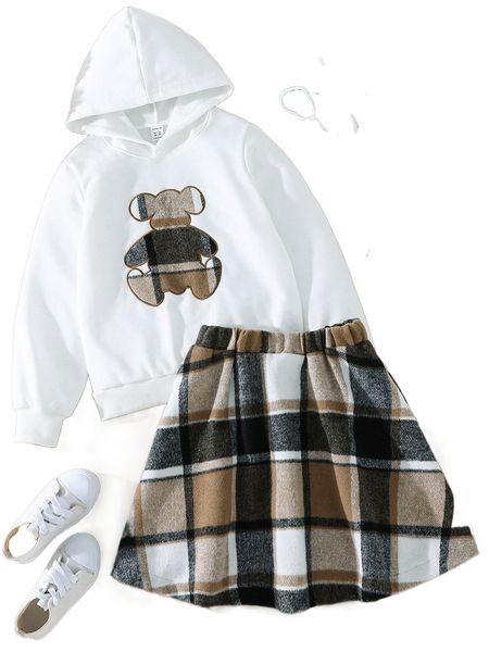 

girls bear embroidery hoodie & plaid skirt z5bq#, Black;white