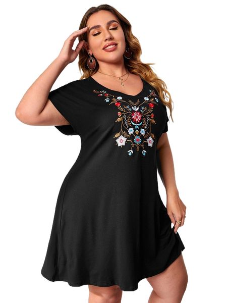 

plus floral embroidered dolman sleeve tee dress e1wg#, Black