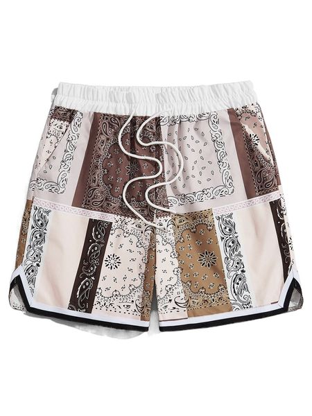 

romwe guys paisley scarf print drawstring shorts g1ng#, White;black