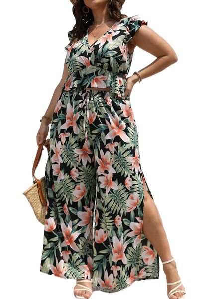 

plus tropical print peplum & split hem wide leg pants k9sv#, Black