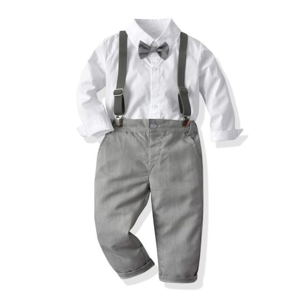 Completi di abbigliamento Abbigliamento per bambini per bambini Camicia bianca a maniche lunghe Pantaloni grigi Set di completi per ragazzi infantili 4 pezzi Kit di costumi formali autunnali per bambiniTessuto