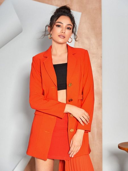 

x madola neon orange notched collar pleated back blazer m9j9#, White