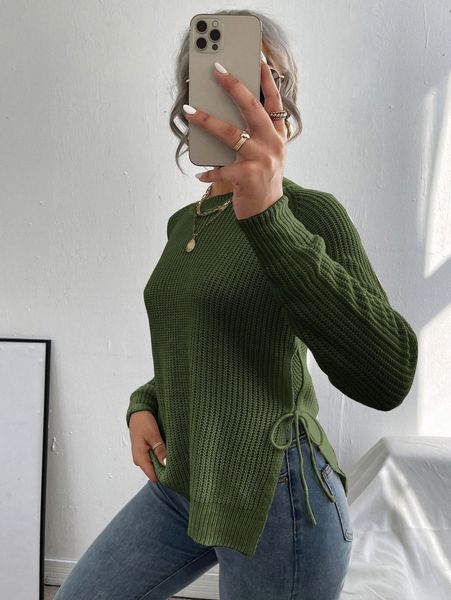 

split knot side raglan sleeve sweater p8zi#, White;black