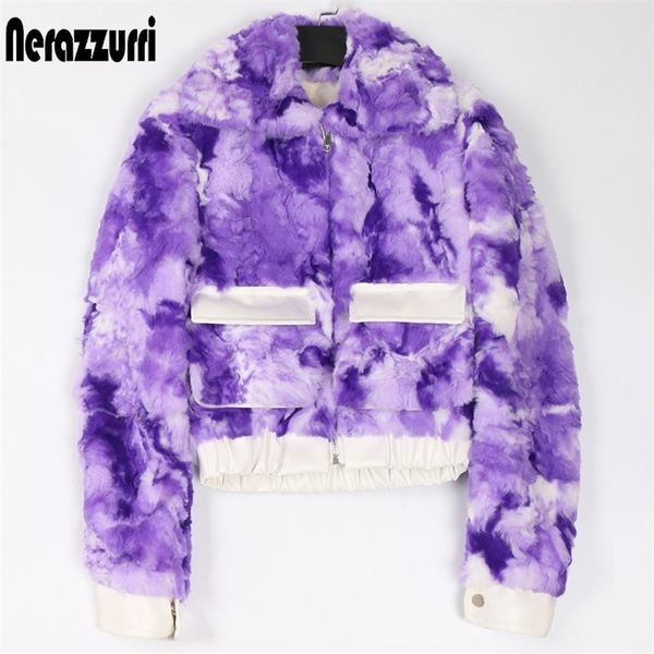 

nerazzurri autumn winter short colorful warm cropped faux fur jacket women long sleeve zipper pockets fluffy furry jacket women 201016, Black