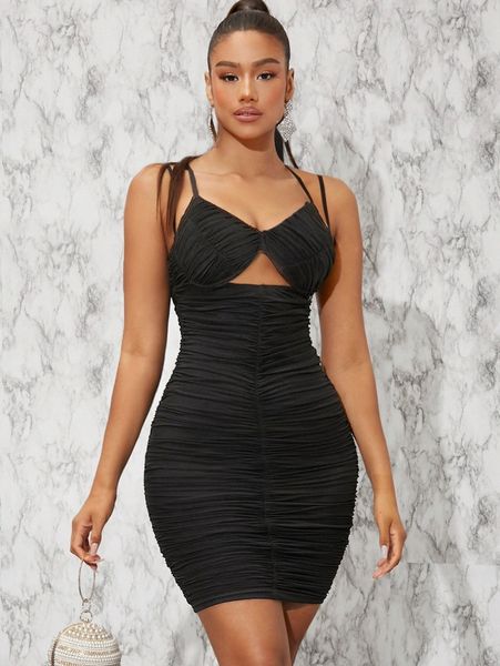 

1pc cutout front crisscross back ruched dress v5zz#, Black;gray