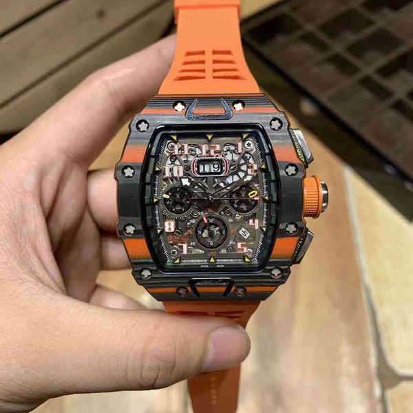 

luxury mens mechanics watches richa wristwatch business leisure rm11-03 multifunctional automatic machine orange carbon fiber tape mill watc, Slivery;brown