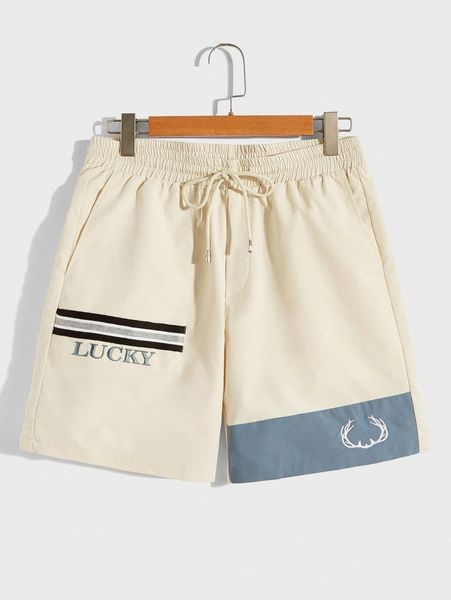 

men letter & antler embroidery contrast tape shorts i3l1#, White;black