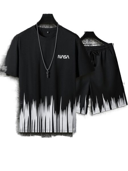 

men letter graphic tee & drawstring waist track shorts s3j0#, Gray