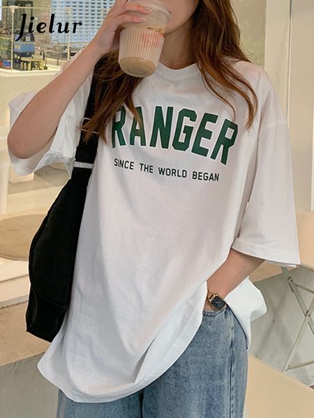 Jielur Basic Letter Women T Shirt Oneck coole Sommermode weibliche T -Shirts White Navy Kurzarm Lose BF Harajuku Top Tees 220615