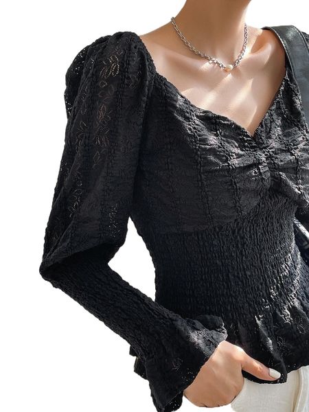 

dazy shirred sweetheart neck flounce sleeve peplum blouse y46x#, White