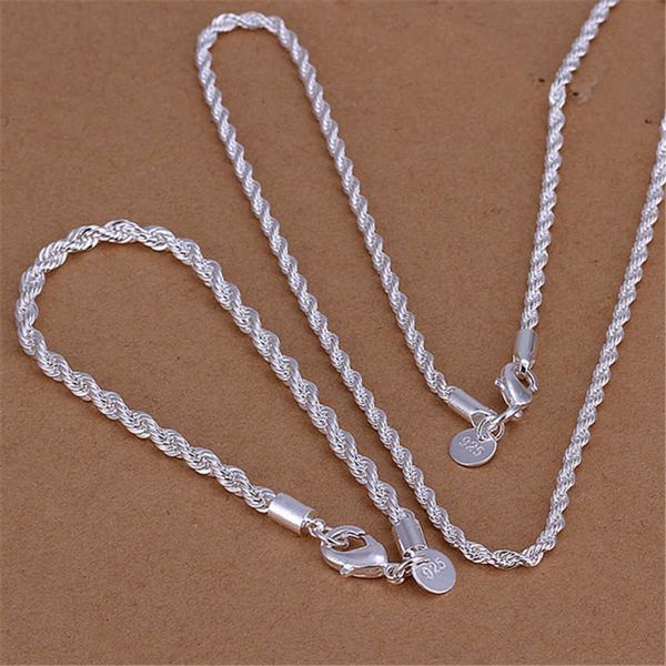 

silver fashion 925 4mm twisted rope chain bracelets necklace jewelry sets for men women wedding party gifts, Black