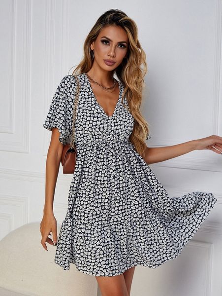 

ditsy floral ruffle hem dress o4z2#, Black;gray