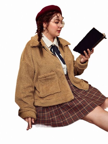 

plus drop shoulder pocket patched teddy jacket z1gu#, Black