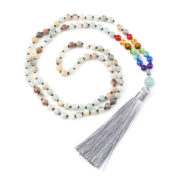 

reiki 7 chakra 108 mala beads necklace natural stone amazonite knotted tassel necklace women men yoga meditation healing jewelry, Silver