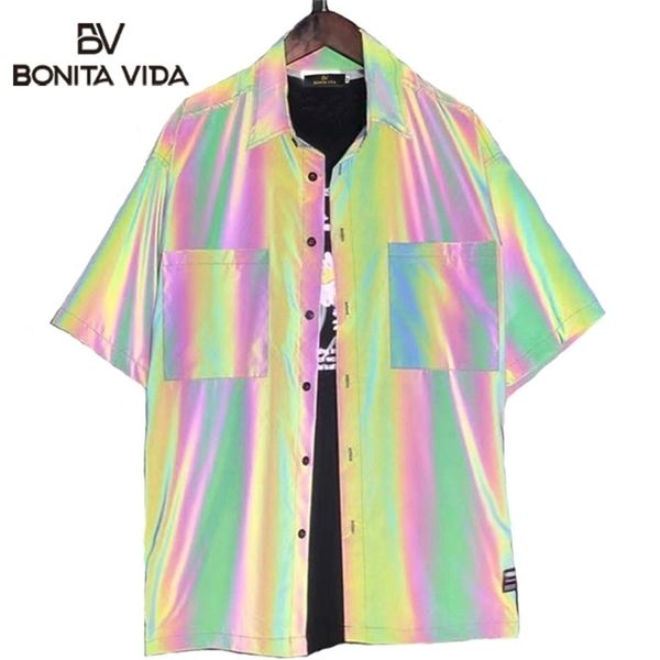 

bonita vida laser rainbow reflective pocket mens shirt summer harajuku punk rock hip hop shirt streetwear clothes, White;black