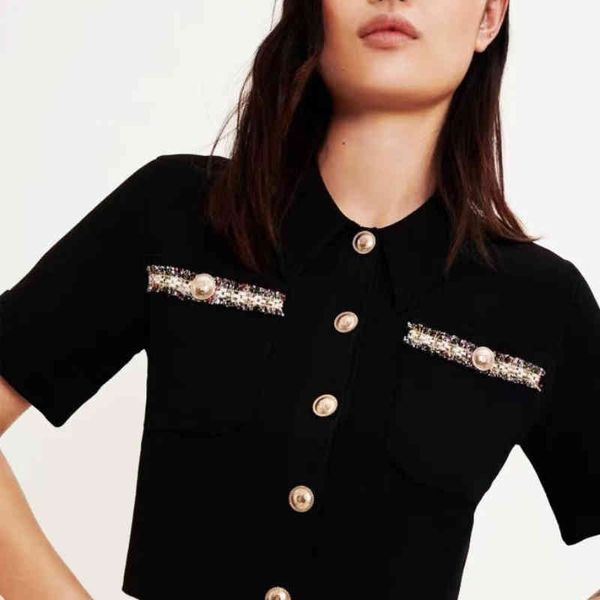 

women's jackets summer arrival women contrast trim black knitted polo shirt meatalic button french pairs fashion hohq, Black;brown