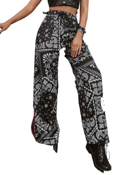 

paisley print drawstring waist sweatpants 65vc#, Black;white