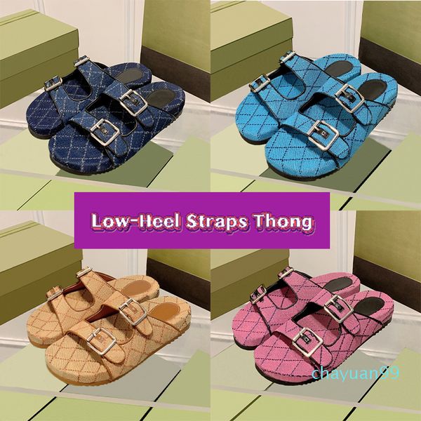 Sandalo di design di lusso Cinghie con tacco basso Sandali con perizoma Slide mens designer diapositive blu scuro denim avorio tela beige scarpe piatte di alta qualità