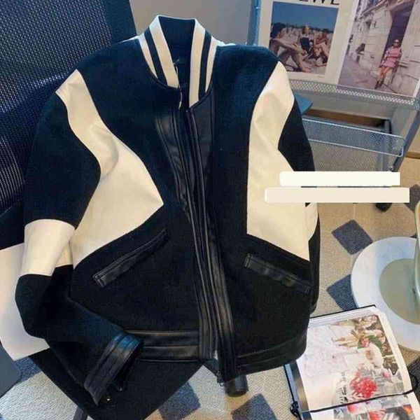 

22 early spring woolen color-blocking south korea baseball jacket trend brand lsv embroidered logo stitching contrast color stand collar loo, Black;brown