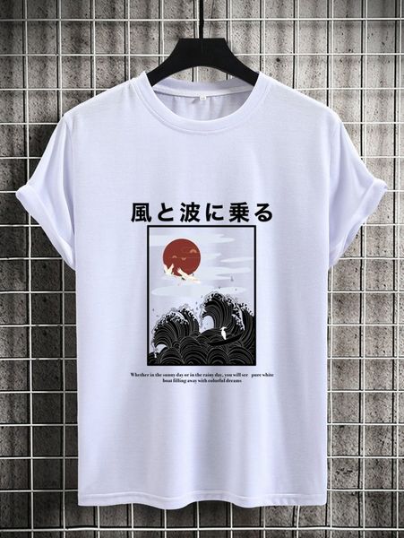 

men japanese letter & wave print tee e5fa#, White;black