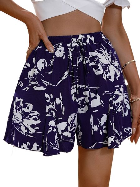 

floral print fake drawstring high rise shorts l0go#, White;black