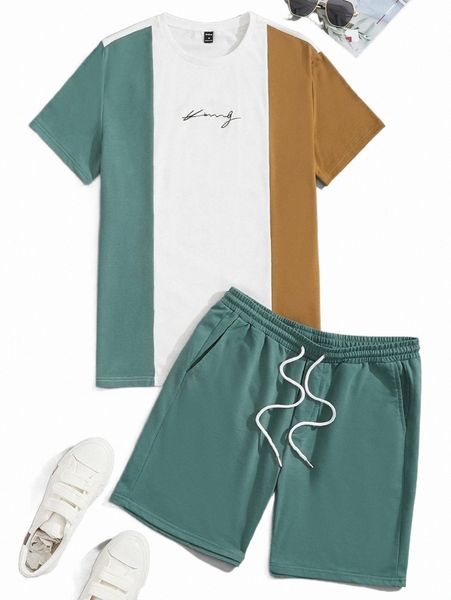 

men letter graphic colorblock tee & drawstring waist shorts h5yd#, Gray