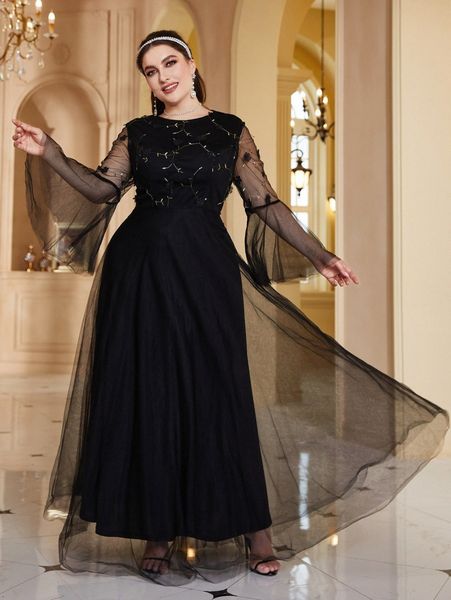 

plus plant embroidery mesh flounce sleeve maxi dress 504m#, Black